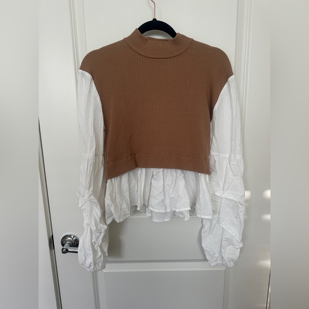 Brown and White Sweater Top with Ruffles
